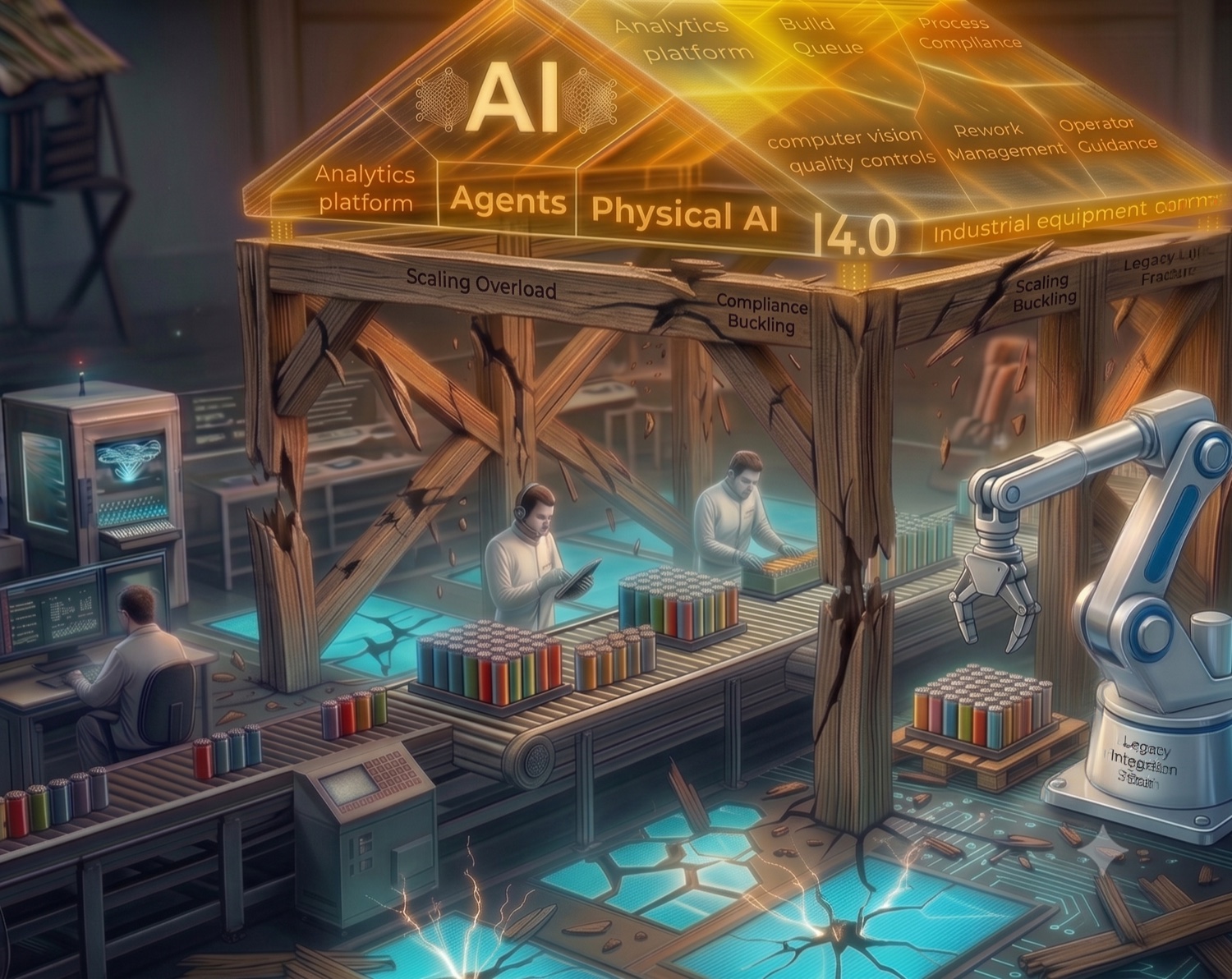The golden roof illustration: a glowing AI roof carried on cracked beams above a working factory floor